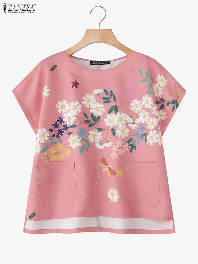 

Лето 2022, блузка с цветочным принтом ZANZEA, женские топы, повседневные Blusas Mujer с круглым вырезом и короткими рукавами, женская элегантная рабочая рубашка оверсайз