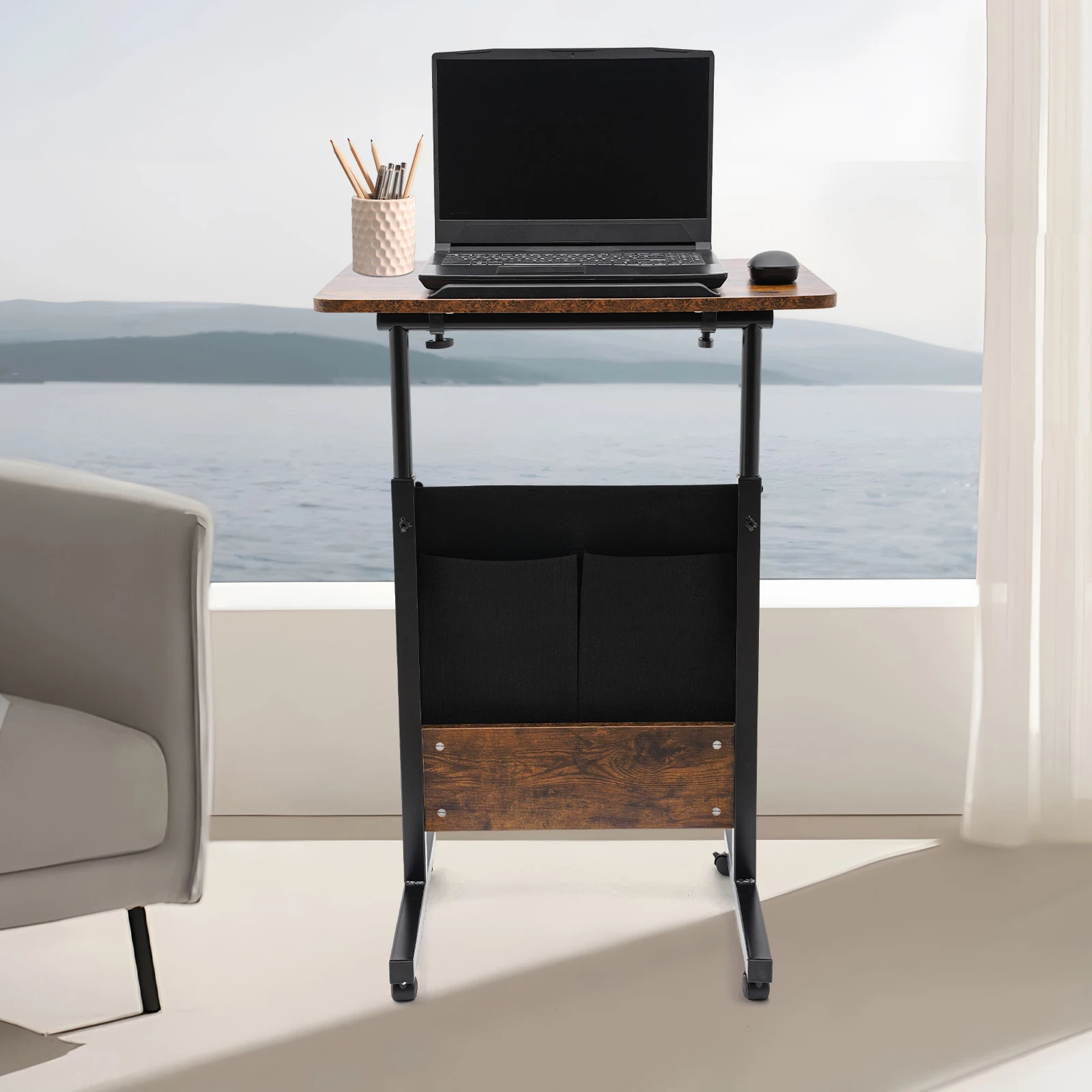 

Iron brown Rectangular Adjustable Height Office Rolling Laptop Desk Bracket Bedside Computer Desk Bracket 360° Swivel Wheels
