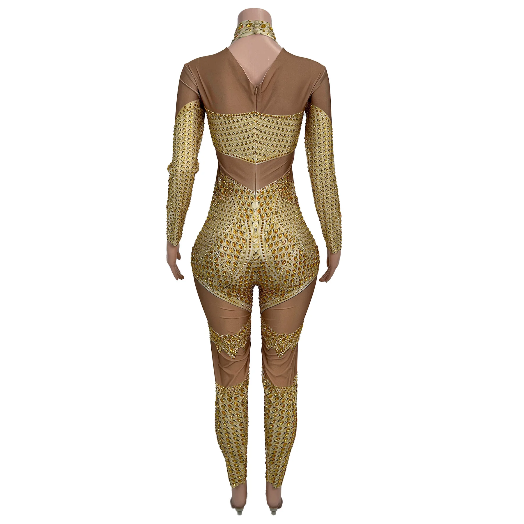 Shengdoushi Sprankelende Gouden Strass Jumpsuit Hoge Elasticiteit Strakke Broek Bar Prestaties Outfit Kerstmis Nieuwjaar Prom Jassen
