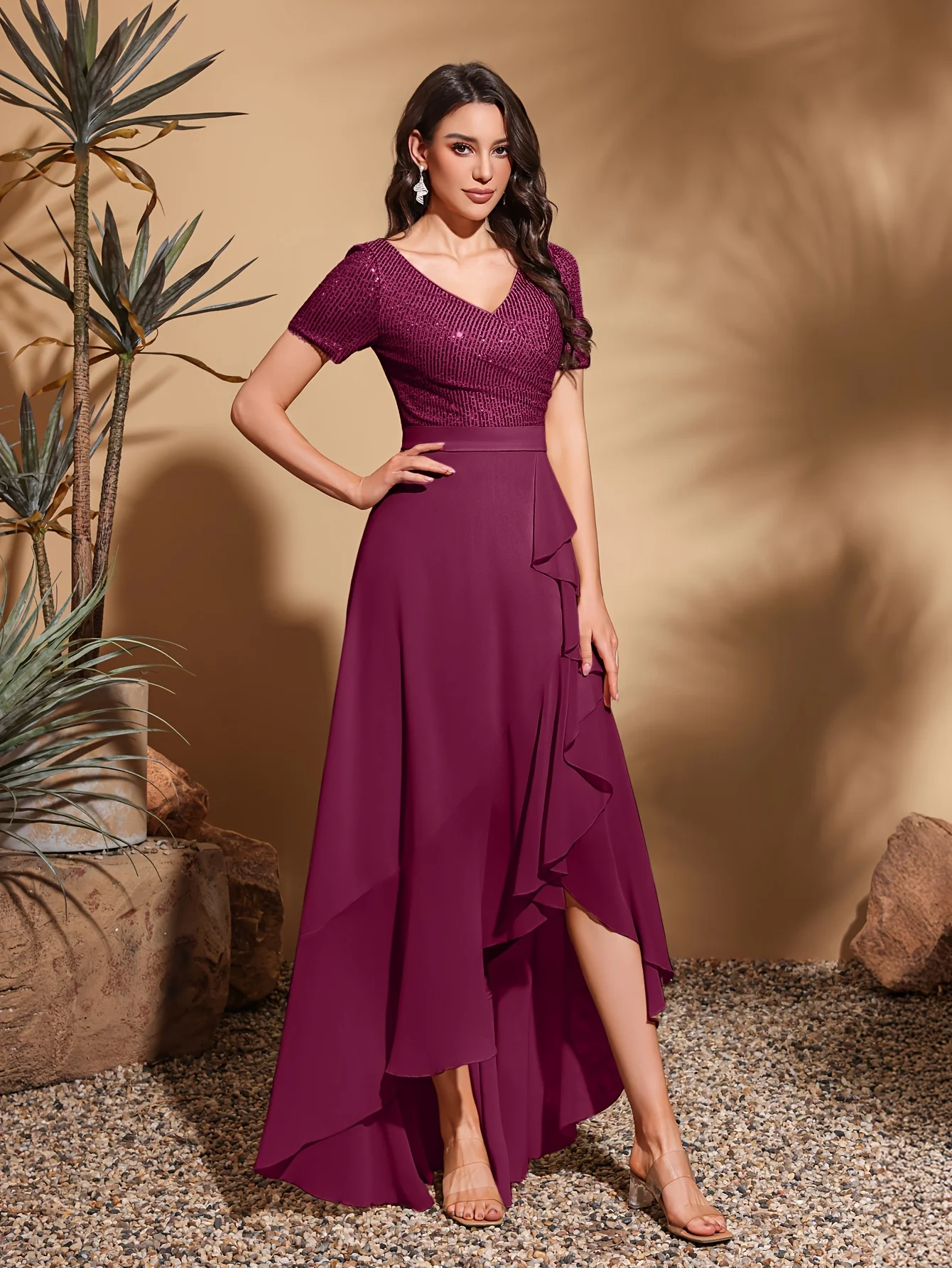 V-neck short-sleeved sequined chiffon pleated asymmetrical hem dress