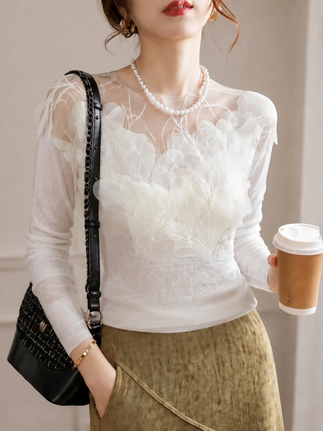 Fashionable Long Sleeve Knitted Sweater Mesh Splicing Women's Style Autumn New Arrival Slimming Top Commute Korean Version St...