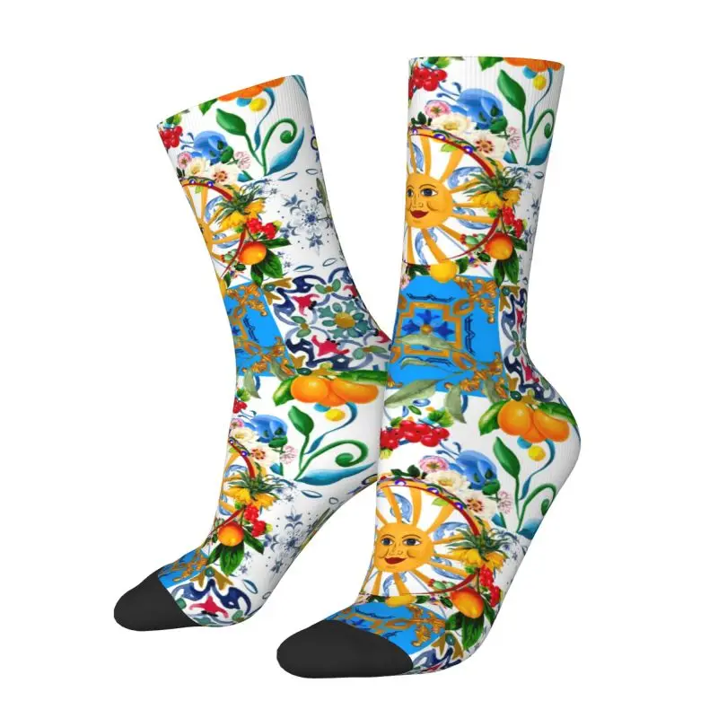 Custom Sicilian Tiles Lemons Citrus Mediterranean Style Dress Socks for Men Women Warm Fashion Novelty Crew Socks