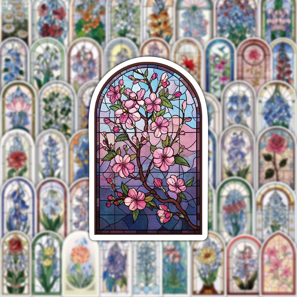 50PCS Beautiful Flower Colored Glass Window Stickers High Beauty Colorful Art Decoration Scrapbook Phone Case Water Cup Laptop