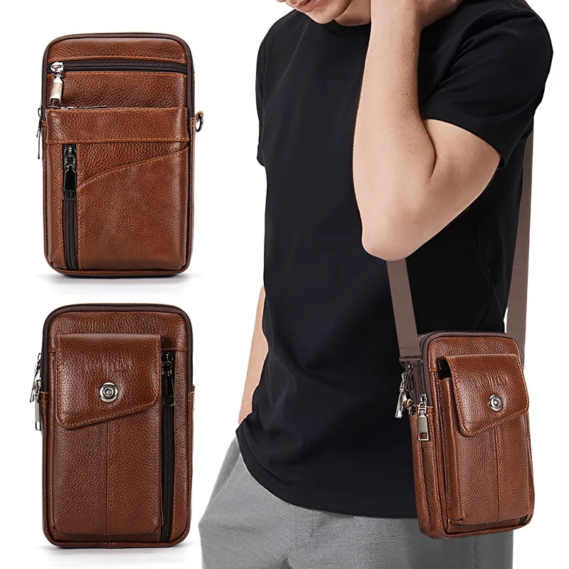 

Men's genuine leather vertical single-shoulder bag, multi-purpose waterproof, waist-hung, mobile phone storage wallet