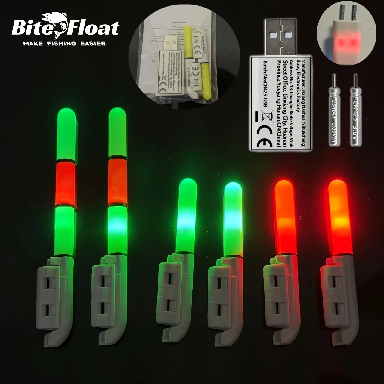 Kit d'éclairage pour canne à pêche Bite Float, ensemble de 5 pièces (2 lampes pour canne à pêche + 2 batteries CR425 rechargeables + 1 chargeur USB)