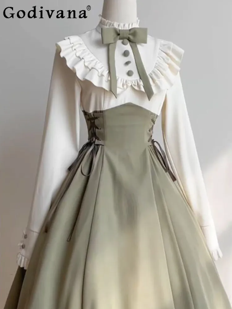 

2026 Spring Autumn New Japanese Style Elegant Lady Long Sleeve Dress Versatile Sweet Lolita Temperament High Waist Long Dress