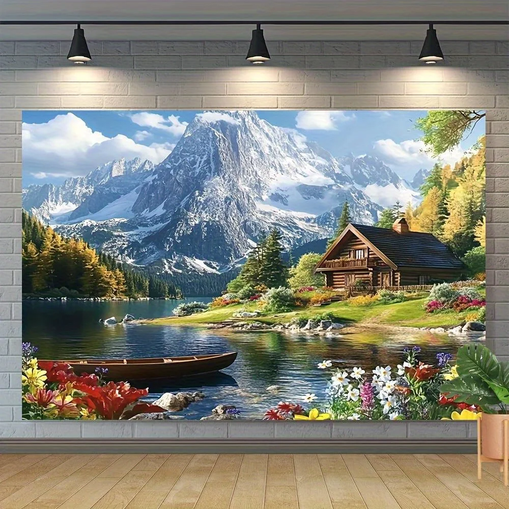 Mountain Lake Tapestry, Cozy Cabin by Serene Lake with Snowy Peaks, Scenic Landscape Wall Hanging for Home Dorm Background
