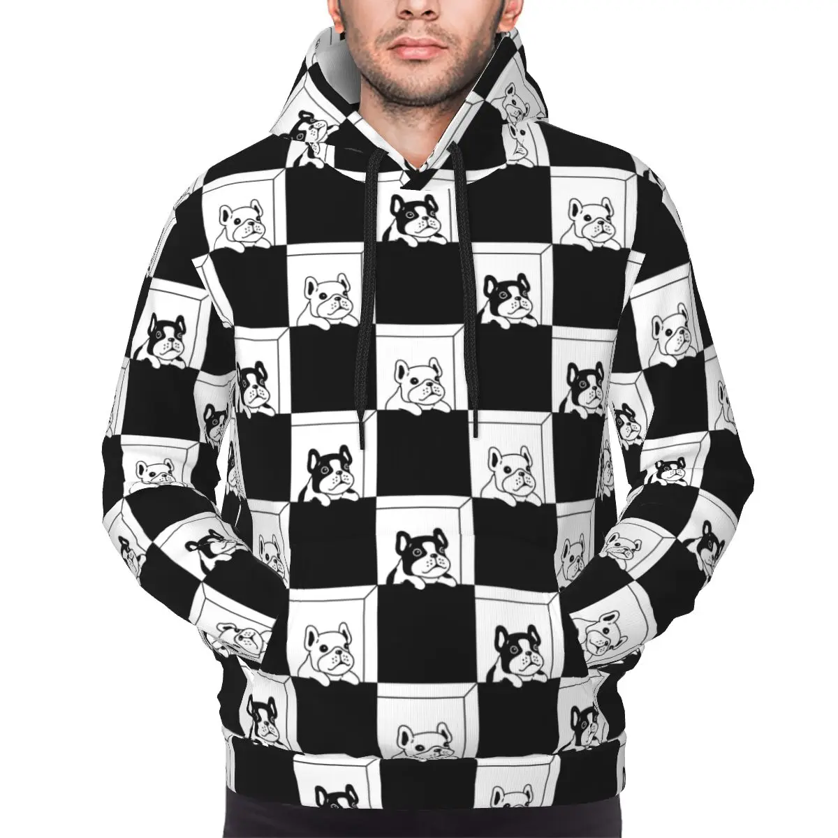 Mens Womens French Bulldog Hoodie Hooded Collar Drawstring Hoodies Chess Art Pullover Sweatshirts Long Sleeve Shirts