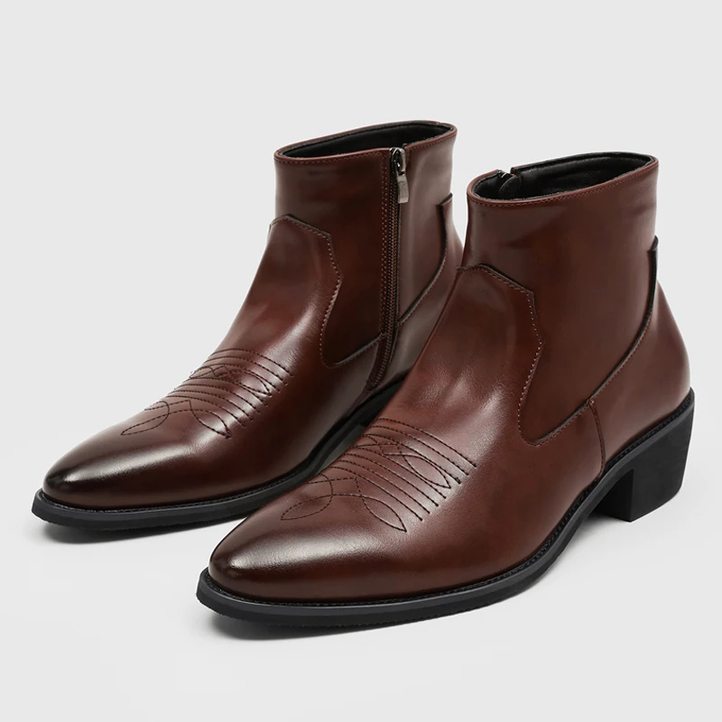 Men Carved Chelsea Boots Black Brown Side Zipper Trendy American Casual High-heeled Business Fashion Boots Banquet Boots Men