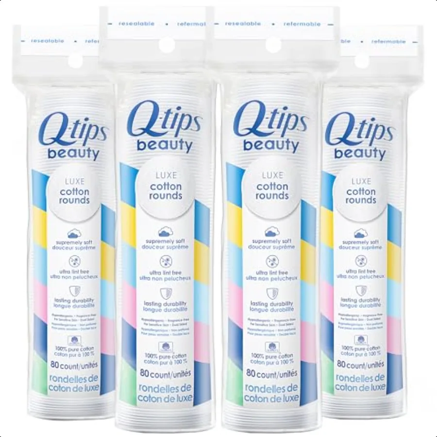 สำลีก้าน QTips Beauty Luxe จำนวน 80 ชิ้น แพ็ค 4 ชิ้น แผ่นเช็ดเครื่องสำอางแบบไม่ก่อให้เกิดอาการแพ้ ผลิตภัณฑ์ดูแลความงามส่วนบุคคล