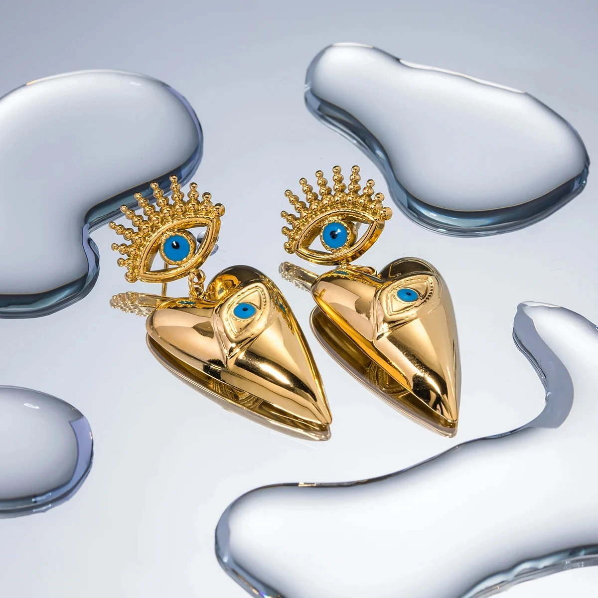 HangZhi Blue Devil\'s Eye Large Heart Pendant Earring Stainless Steel Gold Color Chunky Vintage Y2K Huge Drop Jewelry New In