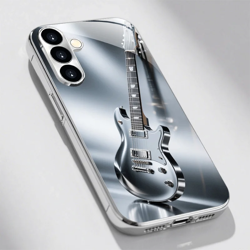 New silver-plated glass phone case for guitars, suitable for Samsung S26/S25, S24/S23/S22/S21/S20, etc. models