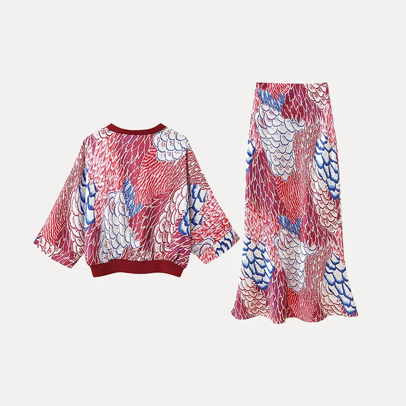 

2025 Summer New Women's Faion ort Sve Print Patchwork Two Color Versatile Skirt Set Polyester Fiber V-ne Seven-quart...