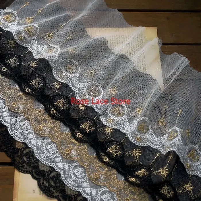 3 yards flower gold thread embroidery Lace Trim, floral white black tulle lace trim, For Doll Dress,Bridal Hairband Width 5.9‘’