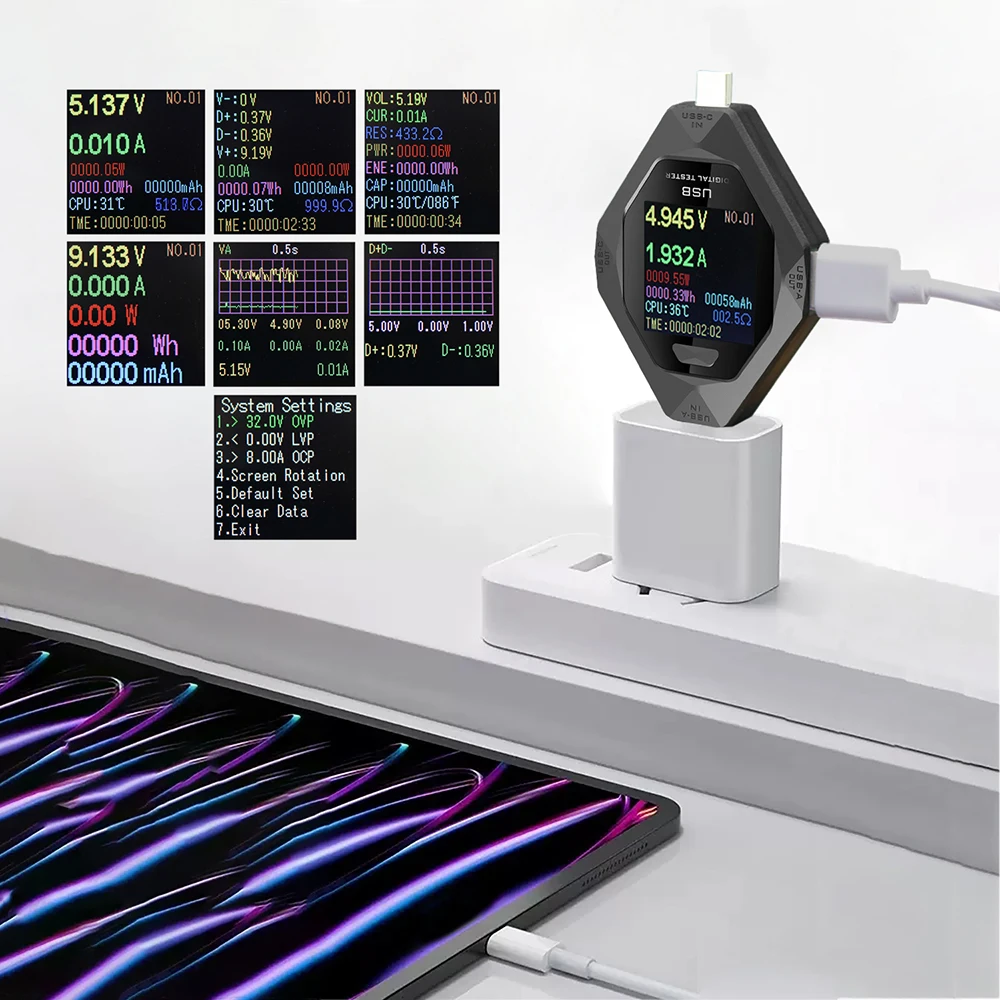 جهاز اختبار الشحن السريع USB متعدد الوظائف، شاشة LED، الجهد الحالي، قدرة الطاقة، المقاومة، المراقبة في الوقت الحقيقي مع الحماية #6