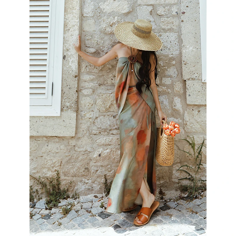 

New Summer Bohemian Style Women Casual A-line Print Sleeveless Ankle-length Dress Elegant Slim Good Quality Strapless Dress T31