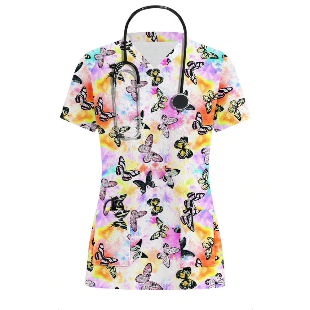 Damenbekleidung, V-Ausschnitt, Fantasy-Schmetterlingselement, 3D-gedruckte Krankenschwester-Arbeitskleidung mit Taschen, T-Shirt, lässiges Kurzarm-Oberteil