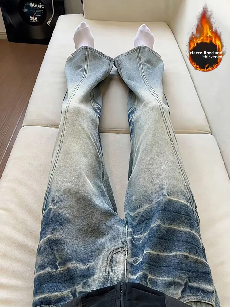

Men's Fce Lined Flared Jeans Winter Straight Leg American Sle Casual High Waist Zipper Fly Denim Pants Youth Faion