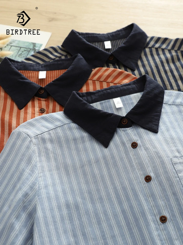 

Новая женская хлопковая рубашка с длинным рукавом на весну 2026 года, с отложным воротником, в полоску, в стиле Mori Girl, шикарная свободная блузка в стиле преппи T61953CC