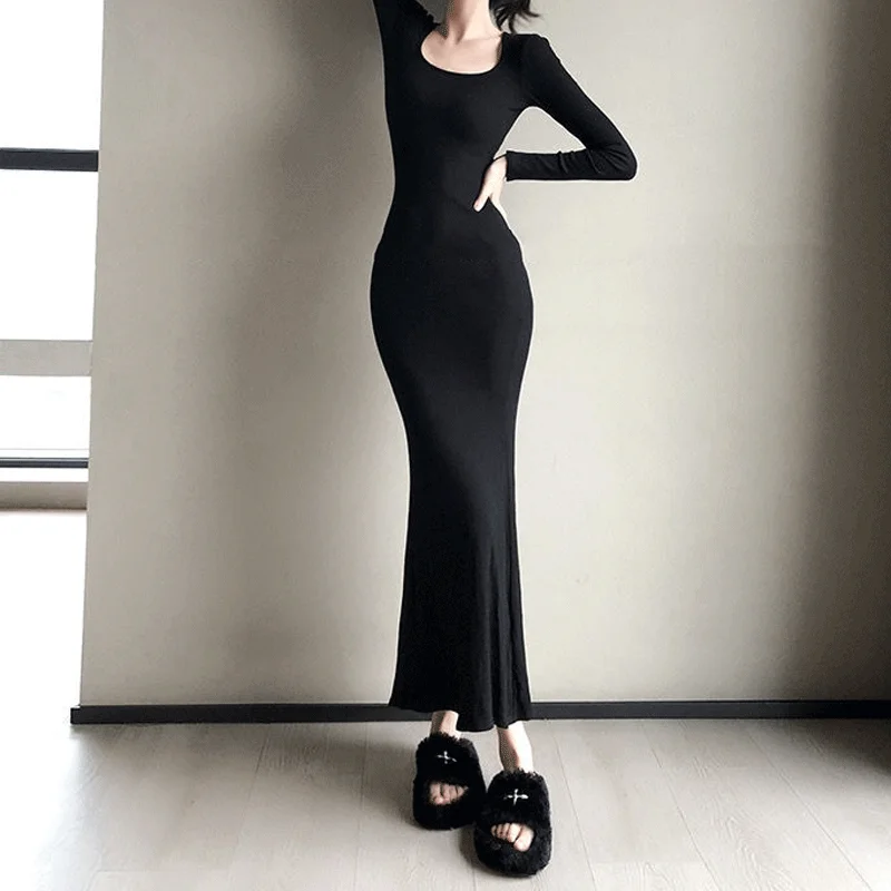 

Spring Long Sleeve Slim Waist Tightening Pure Desire Sexy Women's Clothing Solid Color Square Collar Commute Long Fishtail Skirt