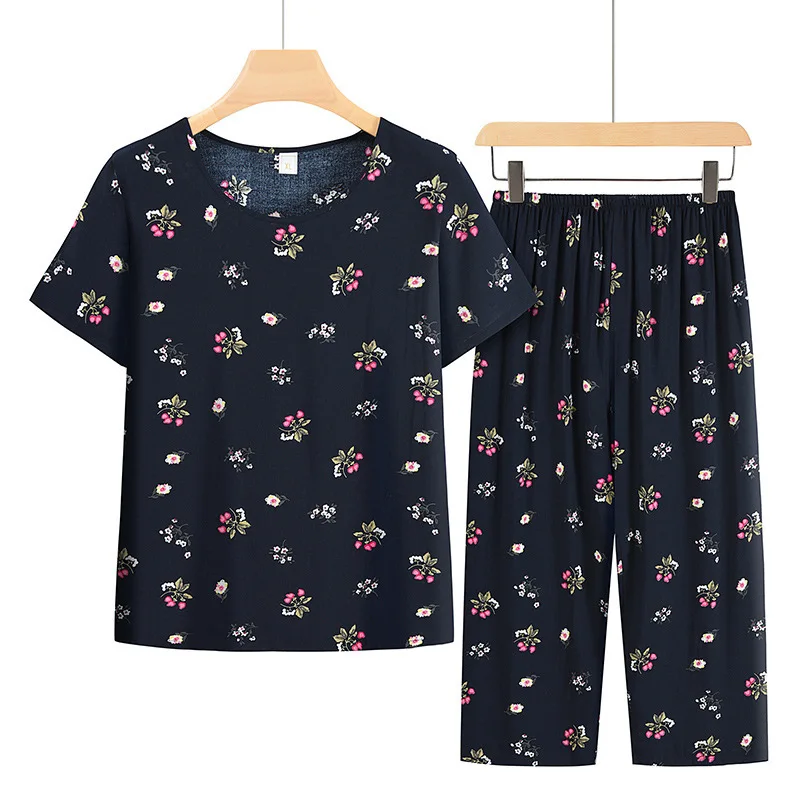 Conjunto de Pijama de talla grande para madre de mediana edad, ropa de dormir de manga corta transpirable, conjunto de dos piezas, Verano