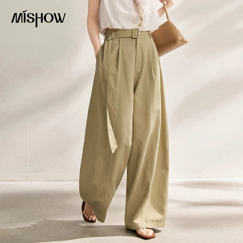 MISHOW Women High-Waisted Wide Leg Pants Matching Belt with Pleated Detail Straight Leg Khaki Casual Summer Trousers MXF25K1305