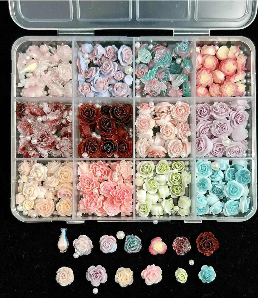 12Grid 3D Mixed Resin Rose Flower Nail Charms Spring Blossom Flatback Rhinestones Diy Kawaii Floral Nail Art Decorations