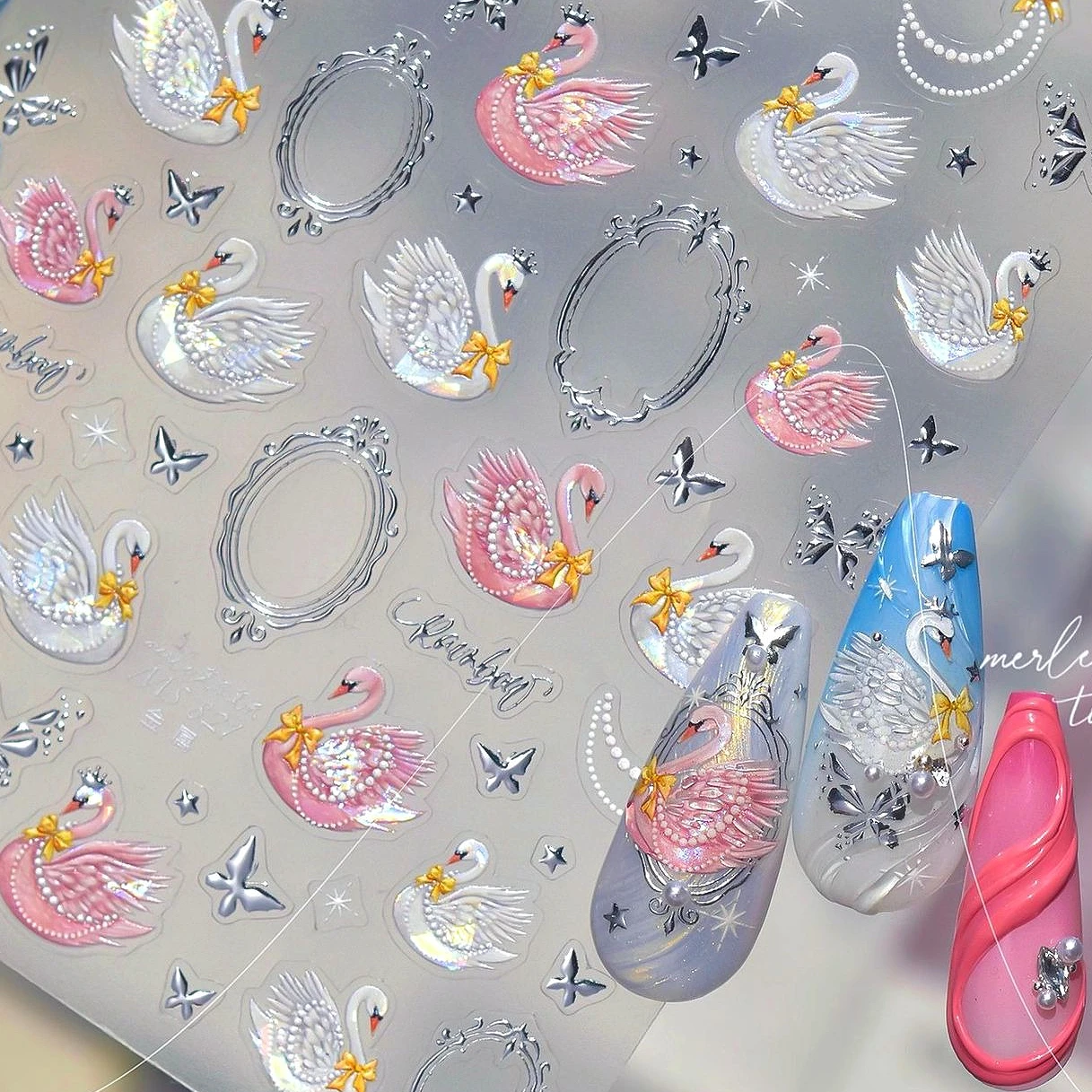 Wit Zwart Roze Dieren Veer Ster Retro Fotolijst Strik Vlinder Vleugel Parelsnoer Nail Art Stickers Manicure Decals