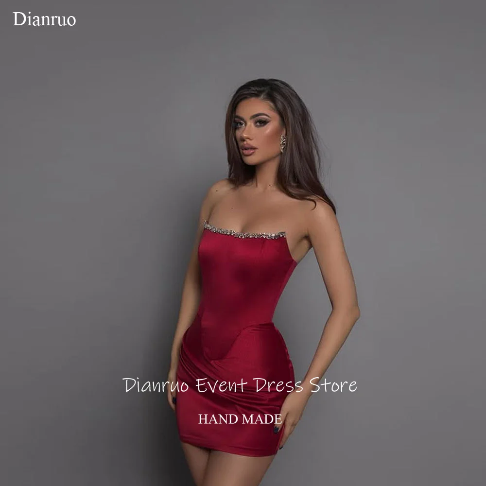 

Dianruo Burgundy Bodycon Ruched Prom Dresses Mini Bling Satin Robe Soirée Femme Sleeveless Strapless Party Gowns Customized