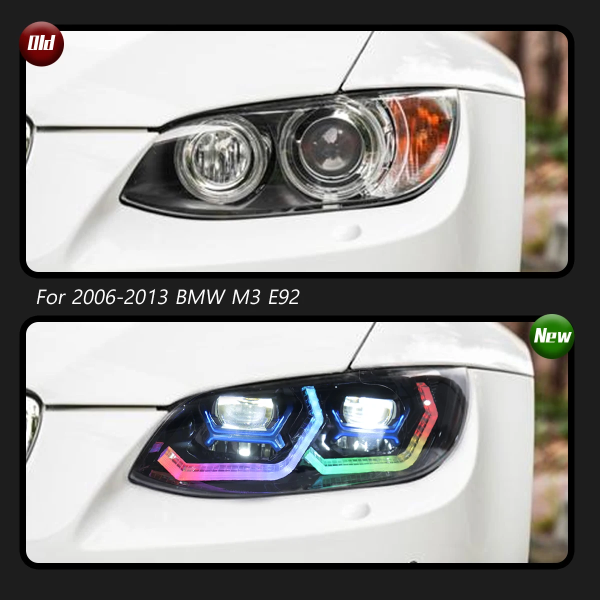 

Автомобильные аксессуары TYPY для BMW M3 E92: фары RGB 2006-2013, модифицированные под новые динамические светодиодные фары с функцией DRL и указателем поворота.