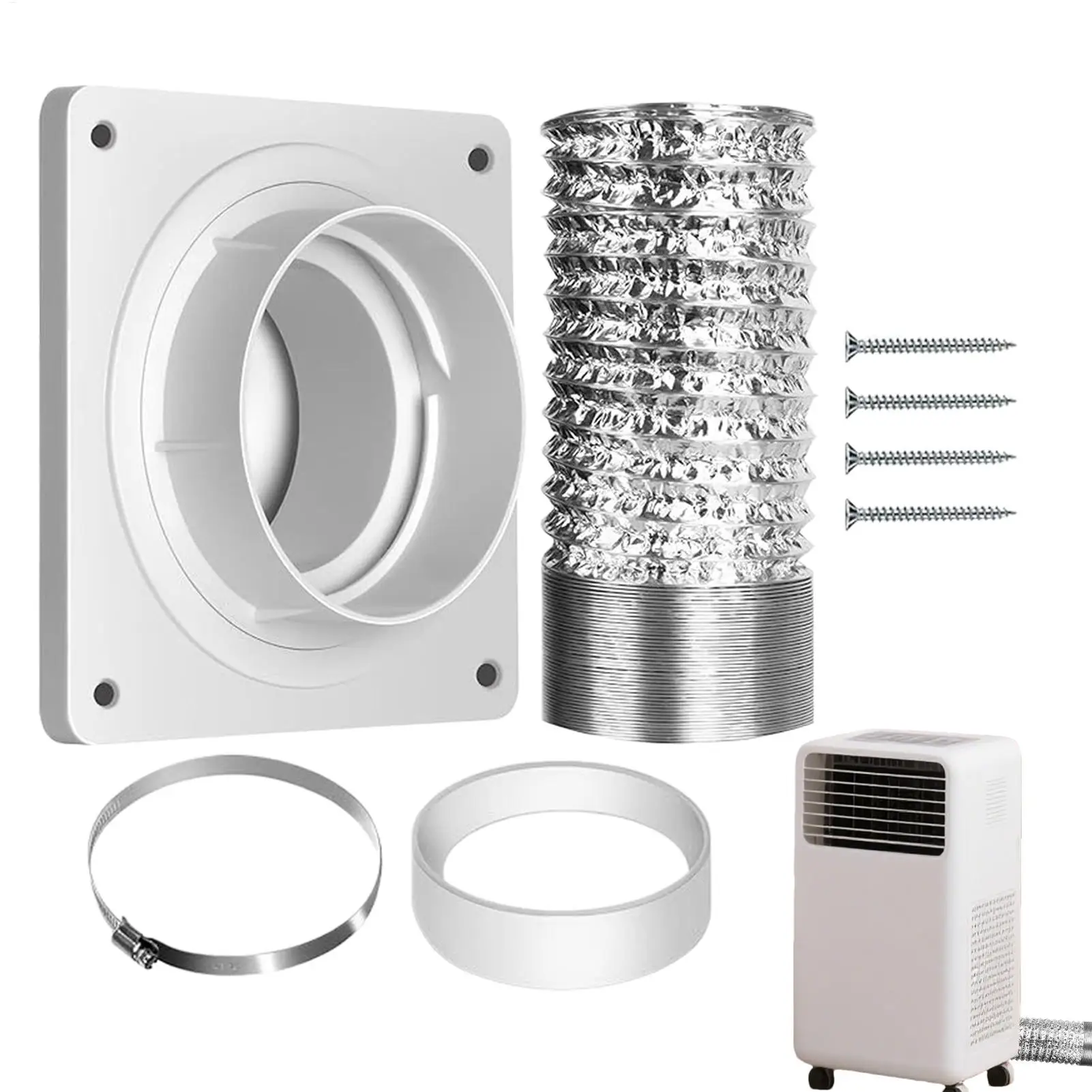 Portable AC Vent Kit Aluminum Foil Duct Hose Adjustable Wall Flange Plate with Connector Clamp Seal Ring for Air Conditioner