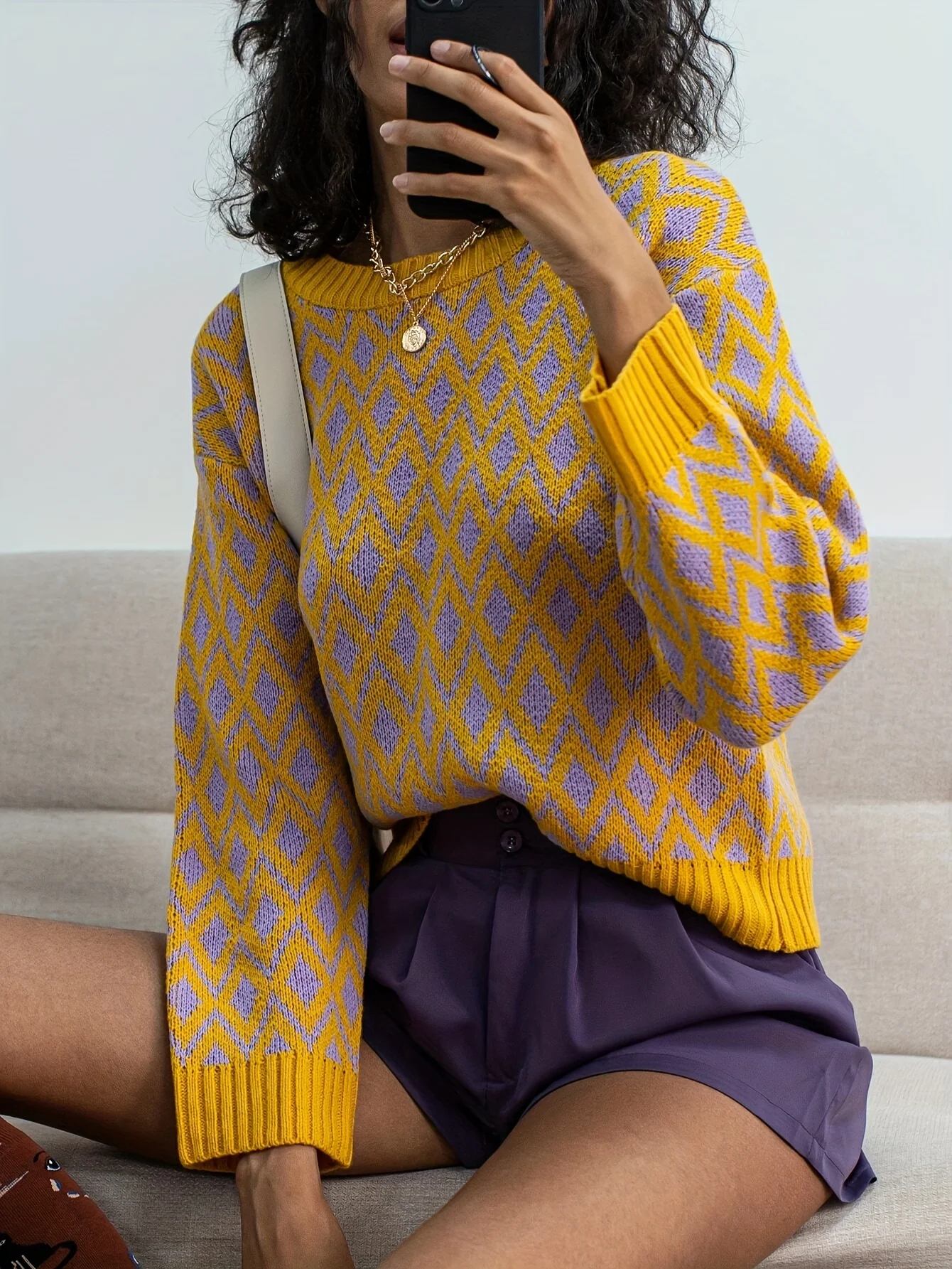 2026 New Argyle Knit Pullover Women Classic Plaid Long Sleeve Crew Neck Loose Casual Elegant Daily Knit Sweater Top