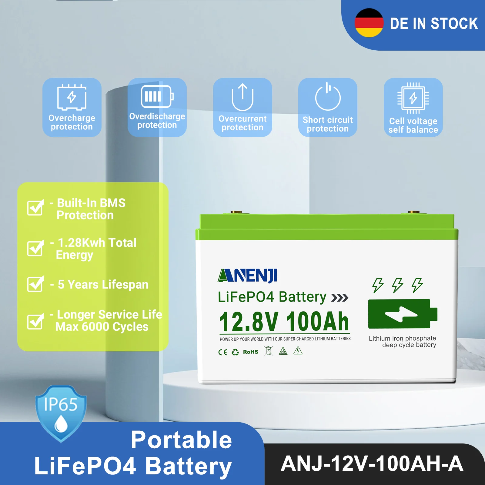 ANENJI 12V 100AH Portable Battery 12.8V 25.6V Solar Storage LiFePO4 Battery Built-in BMS BT Rechargeable 6000+ Cycle For Home/Rv US In Stock