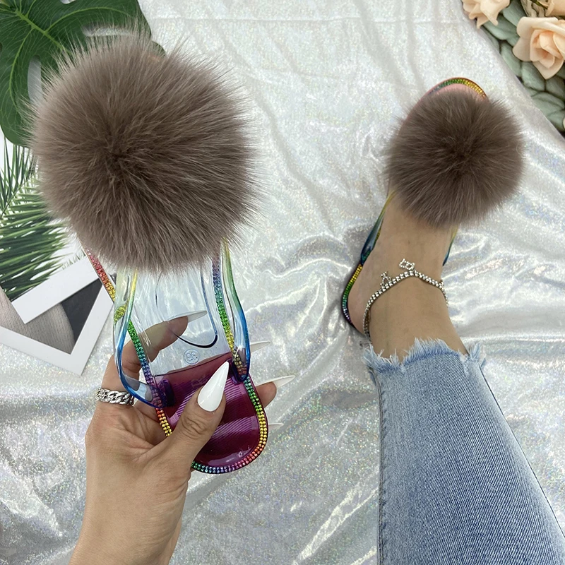 Fur Flip Flops Women Summer Beach Slippers Ladies Real Fur Furry Pom Pom Transparent Crystal Flats Slides 2022 Fox Fur Sandals