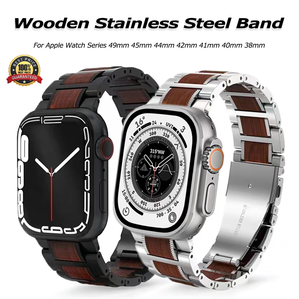 Red Sandal Wood+Stainless Steel Bracelet For Apple Wath band 45mm 44mm 46mm 41mm Strap For Apple watch SE 10 9 Ultra 1 2 49mm