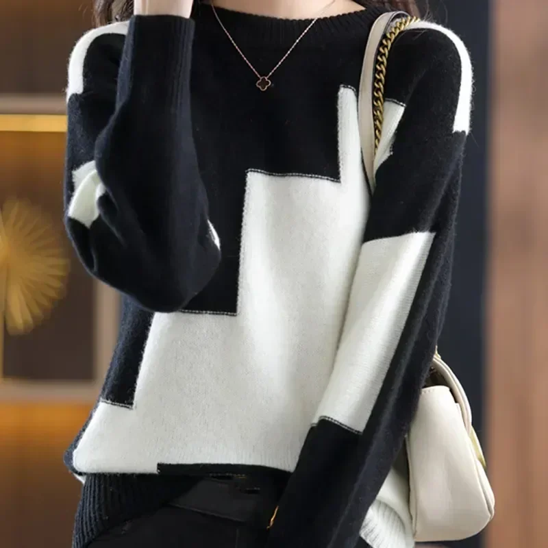 POCZCIY Women Warm Cashmere Sweater Patchwork Knit Thermal Pullovers O-Neck Long Sleeve Casual Sweater Women 2024 Autumn Winter