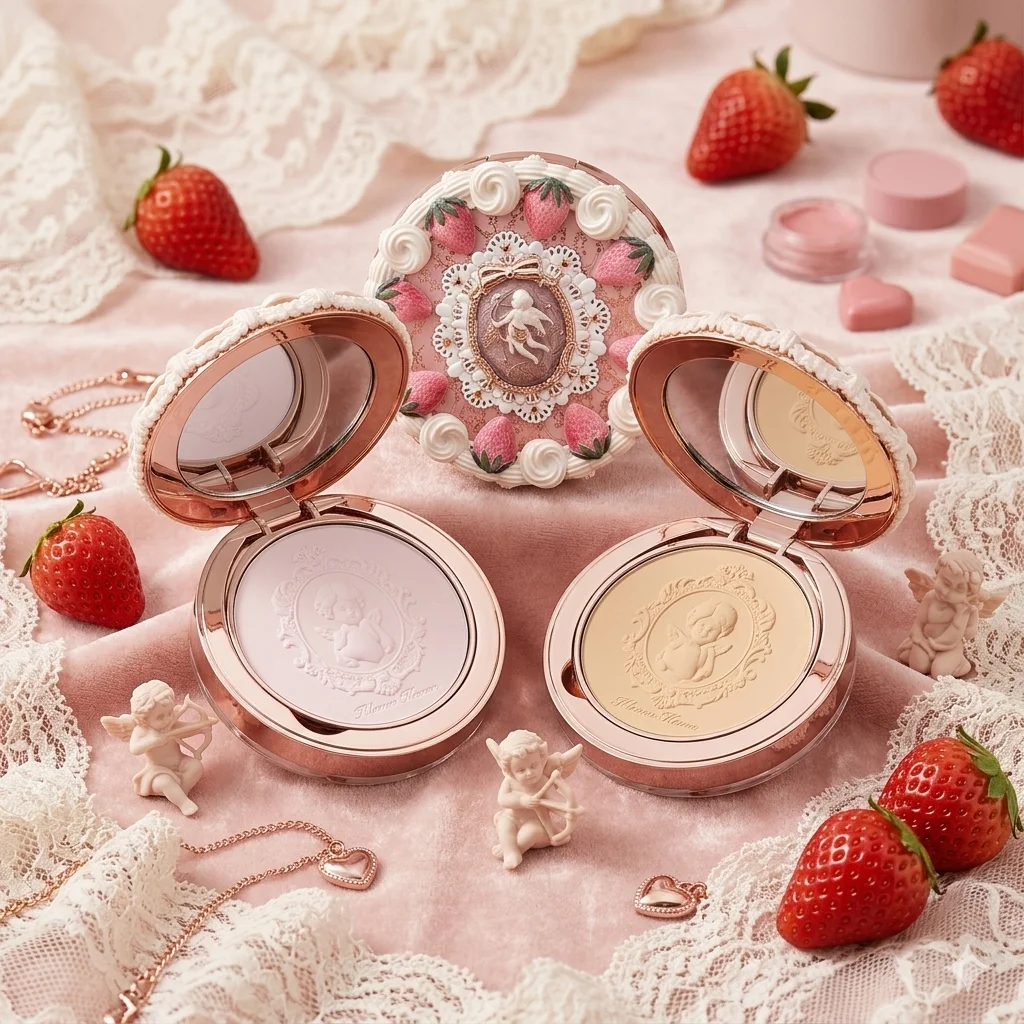 Flower Knows Strawberry Cupid Pressed Powder Matte Soft Oil Control Setting Powder Long Lasting Mattifying Translucent Powder