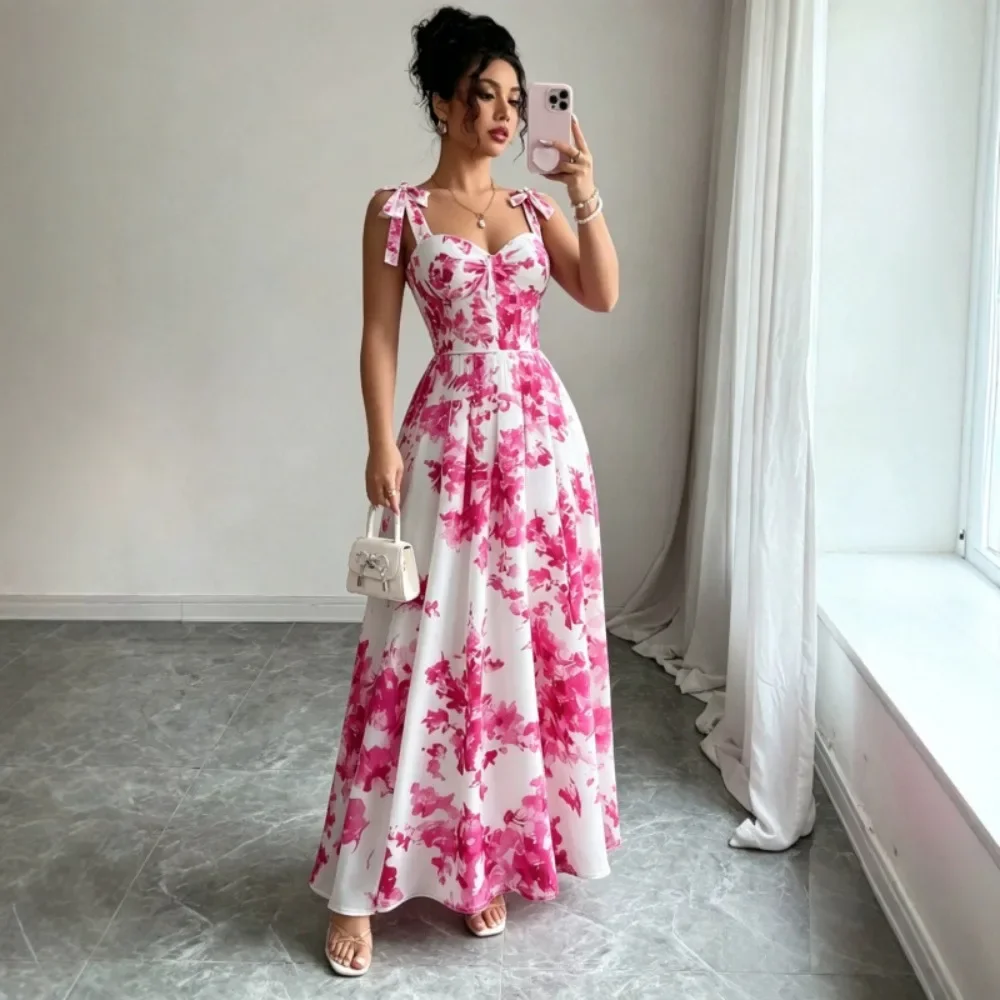 Women's Pink Floral Print Spaghetti Strap Maxi Dress European Hot Sale Waist Slim Elegant Vacation A Line Sundress