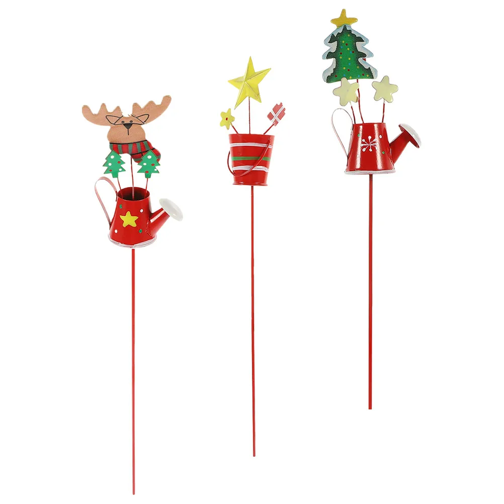

3pcs Christmas Garden Stake Metal Kettle Yard Sign Plant Pot Insert Decor Outdoor Lawn Decoration Xmas Planter Stake