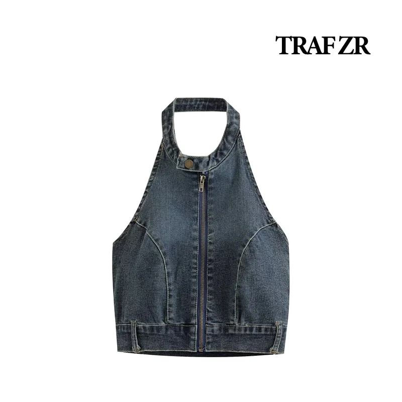 TRAF ZR Tanks & Camis Front Zipper Demin Tank Tops with Belt Loops Sexys Comfy Jean Halter Tops Patched Back Elastic Line Tank