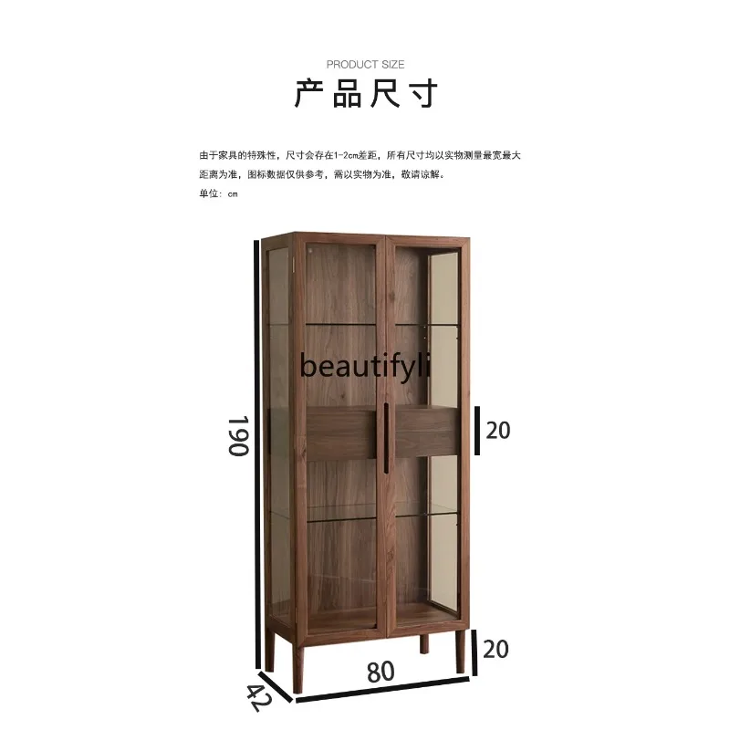 LTModern Minimalist Black Walnut Solid Wood Double Door Bookcase Living Room Wine Cabinet Display Glass Storage Cabinet D80