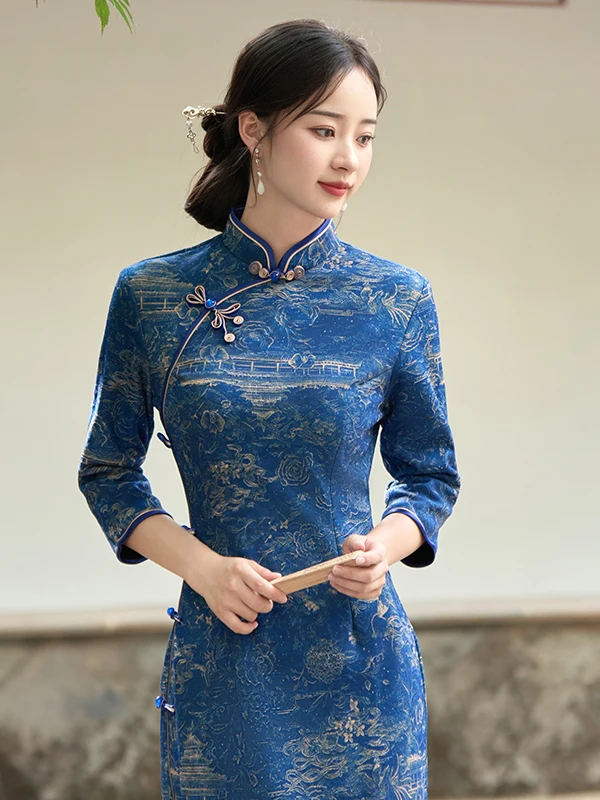 

New Chinese Sle Vintage Improved High End Old anghai Evening Gown National Sle Skirt Daily Wear Warmth