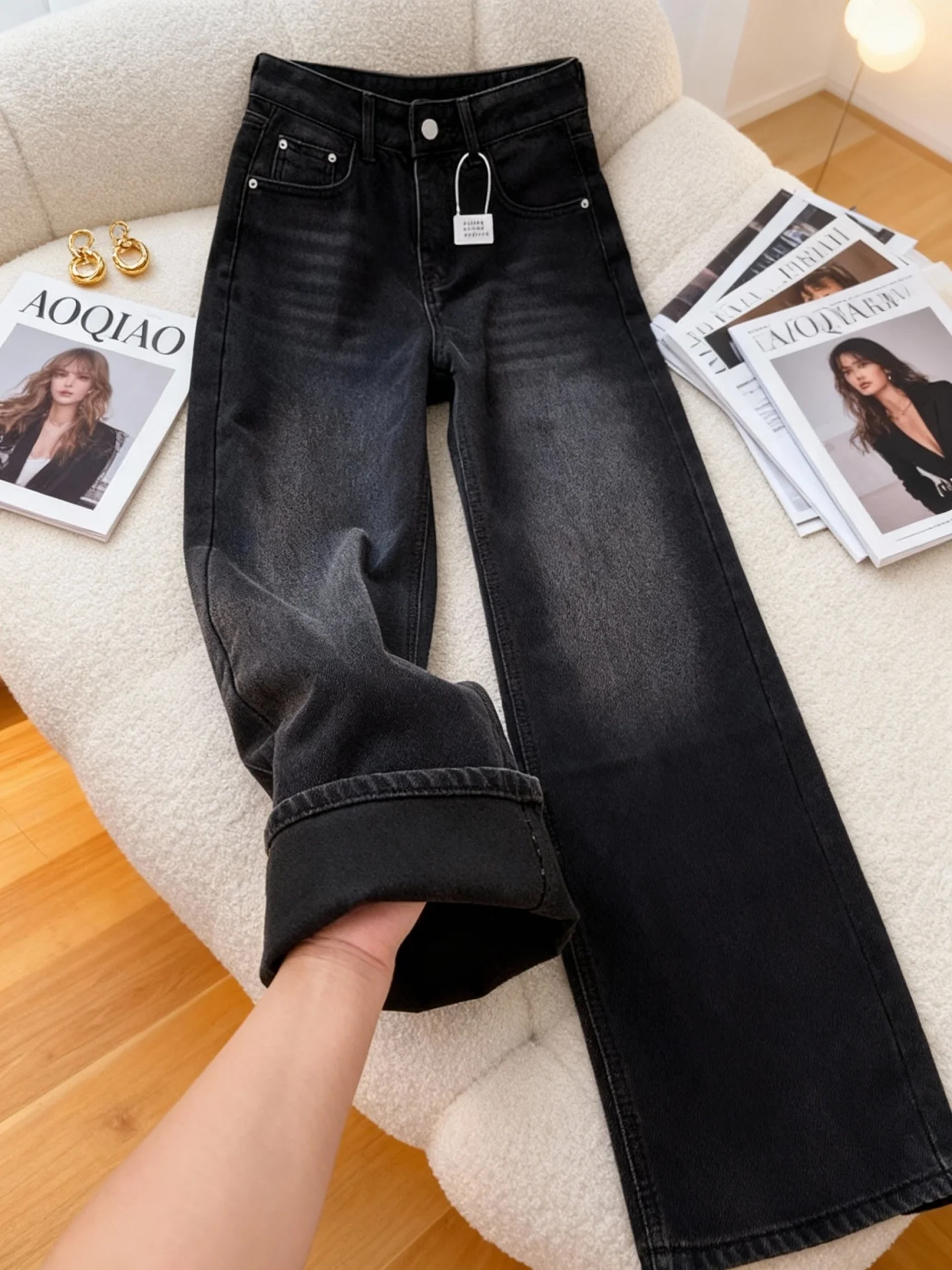 

Большие размеры Fce Lined Thi Джинсовые брюки Женские зимние новые брюки с высокой талией Прямые широкие брюки Повседневная износостойкая