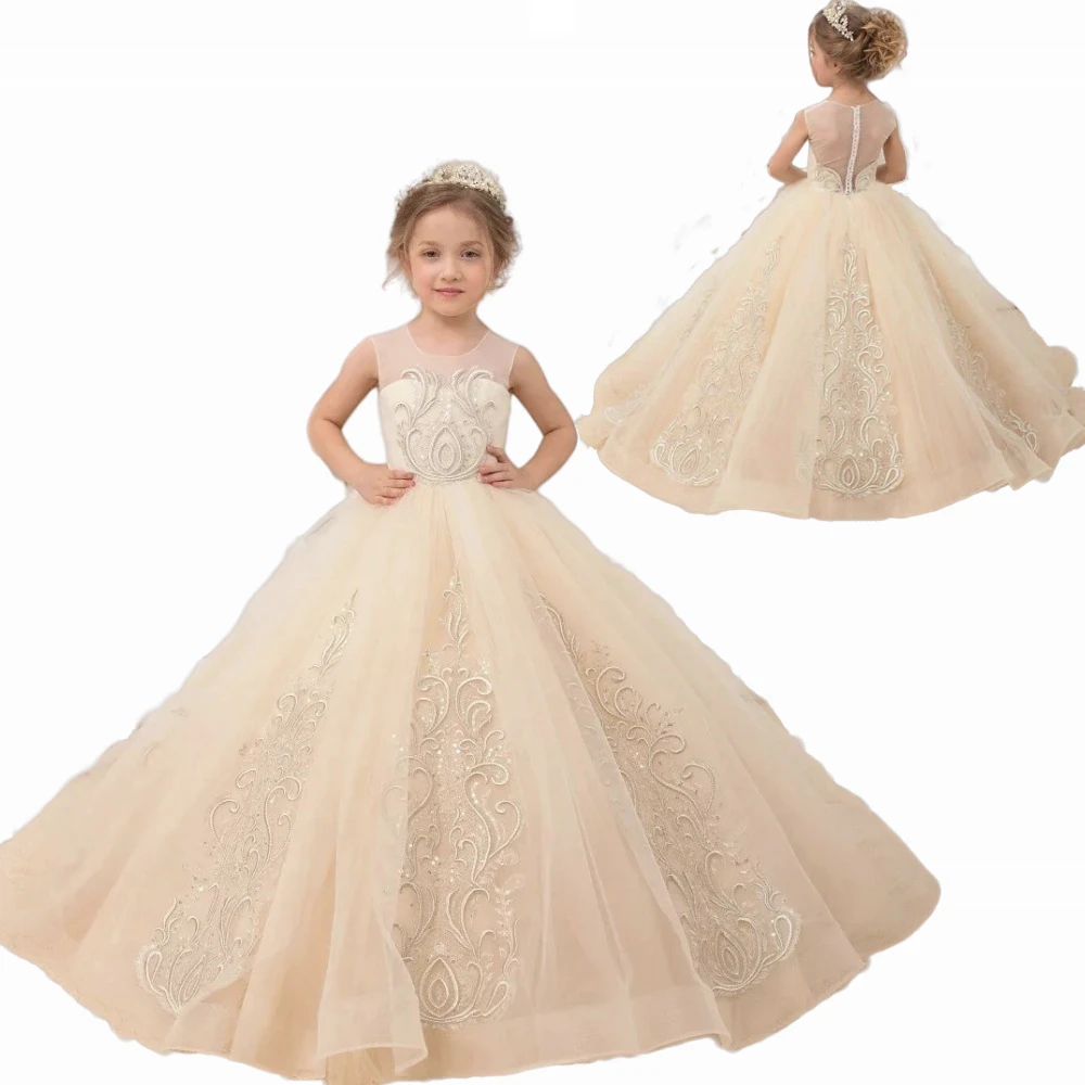 

Elegant Champagne Flower Girl Dress Lace Print Wedding Dresses Length First Communion Kids Birthday Gowns Ball Party Clothing