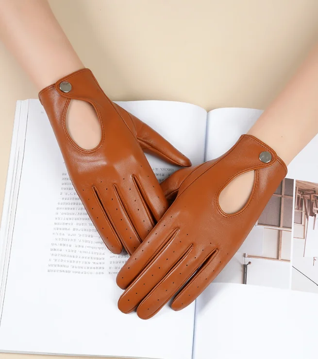 Women's High Quality Genuine Leather Hollow Out Touchscreen Gloves Girls Motorcycle Riding Driving Dancing Glove R3249