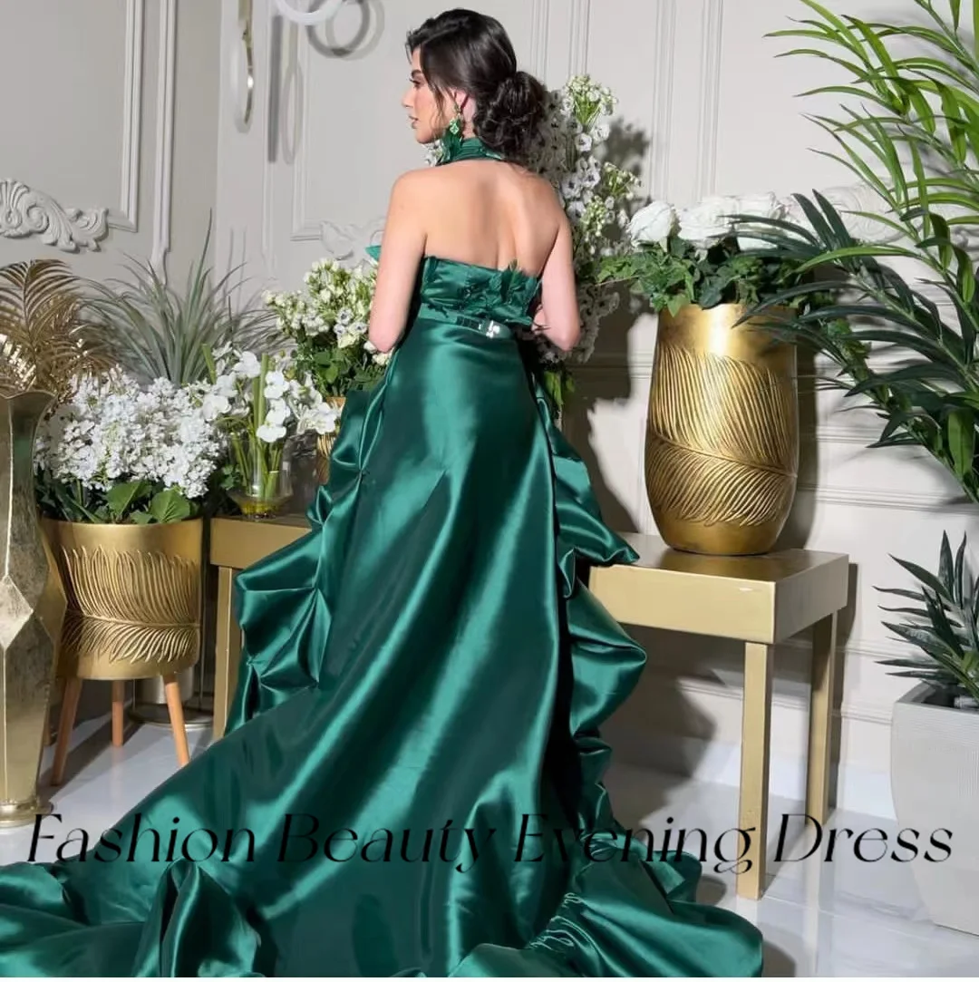 Fashion Beauty Green Satin Prom Dress Halter-Neck Feathers Sweep Train Party Gowns For Women 2024 Ruffle Side Split Evening Gown