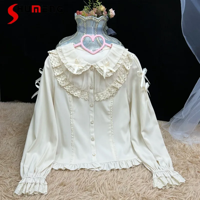 Japanese Lolita Inner Wear Blouse Spring And Autumn New Sweet Heavy Industry Doll Collar Long-sleeved Shirt Red Camisa Femininas