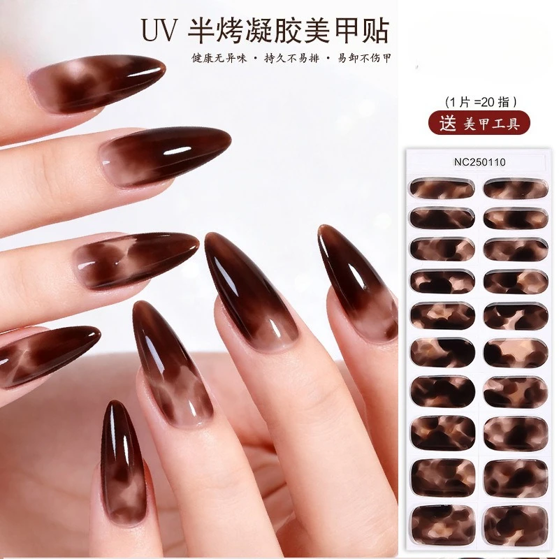 

20Tips Gradient Red Marble Gold Line Semi Cured Gel Nail Strips DIY Gel Polish Stickers for Nails Work with UV/LED