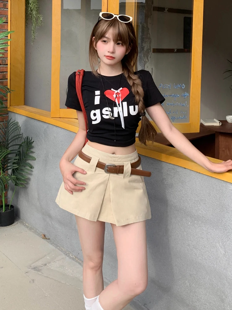 Pantaloncini divisi vintage kaki da donna Gonne Y2K Harajuk 2025 Pantaloncini a trapezio a vita alta casual moda coreana estiva Donna Nuovo