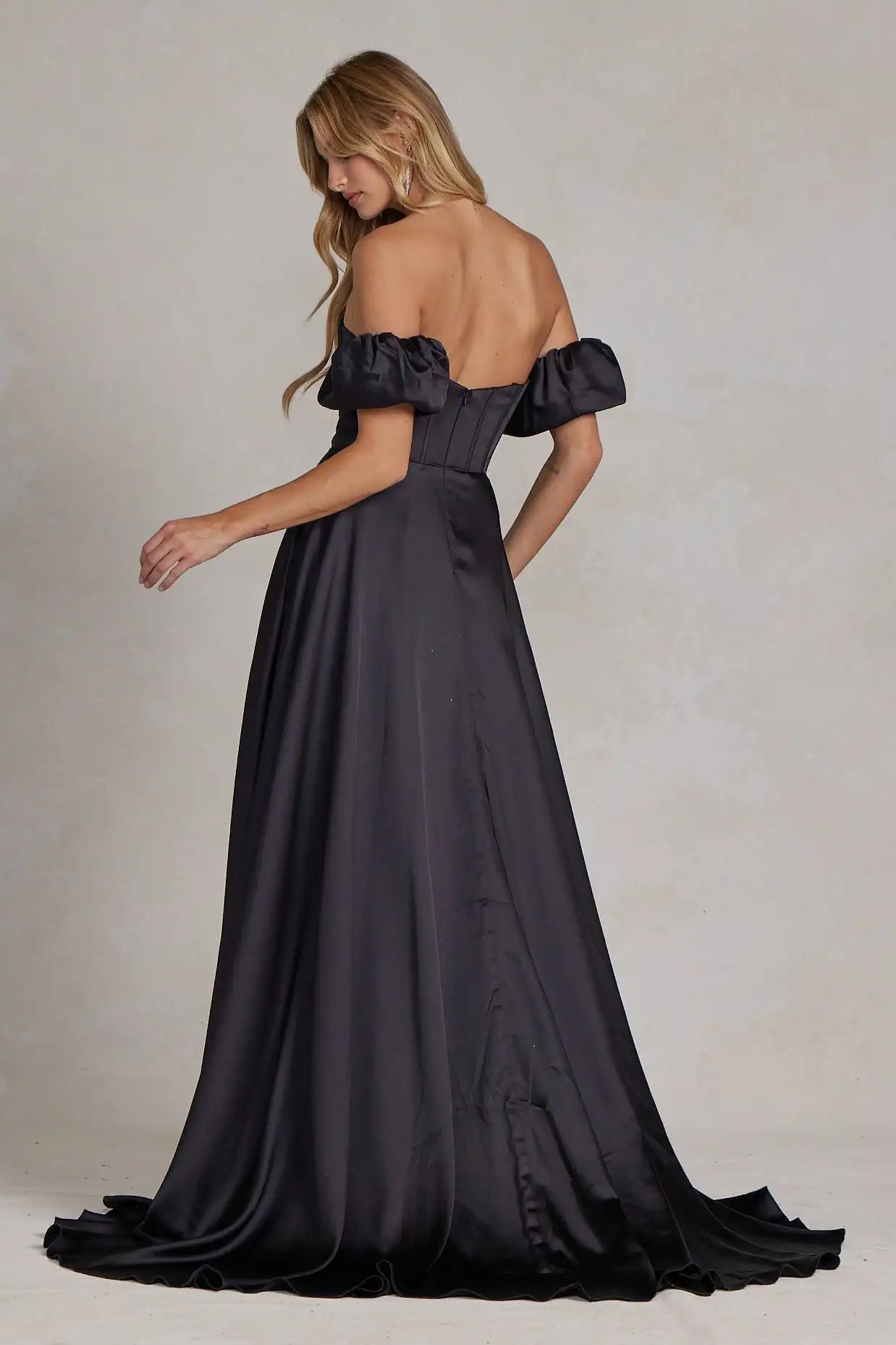 Elegant Evening Dresses Simple Long Satin Off Shoulder Short Puffy Sleeves with Slit Formal Party Prom Gowns Custom made